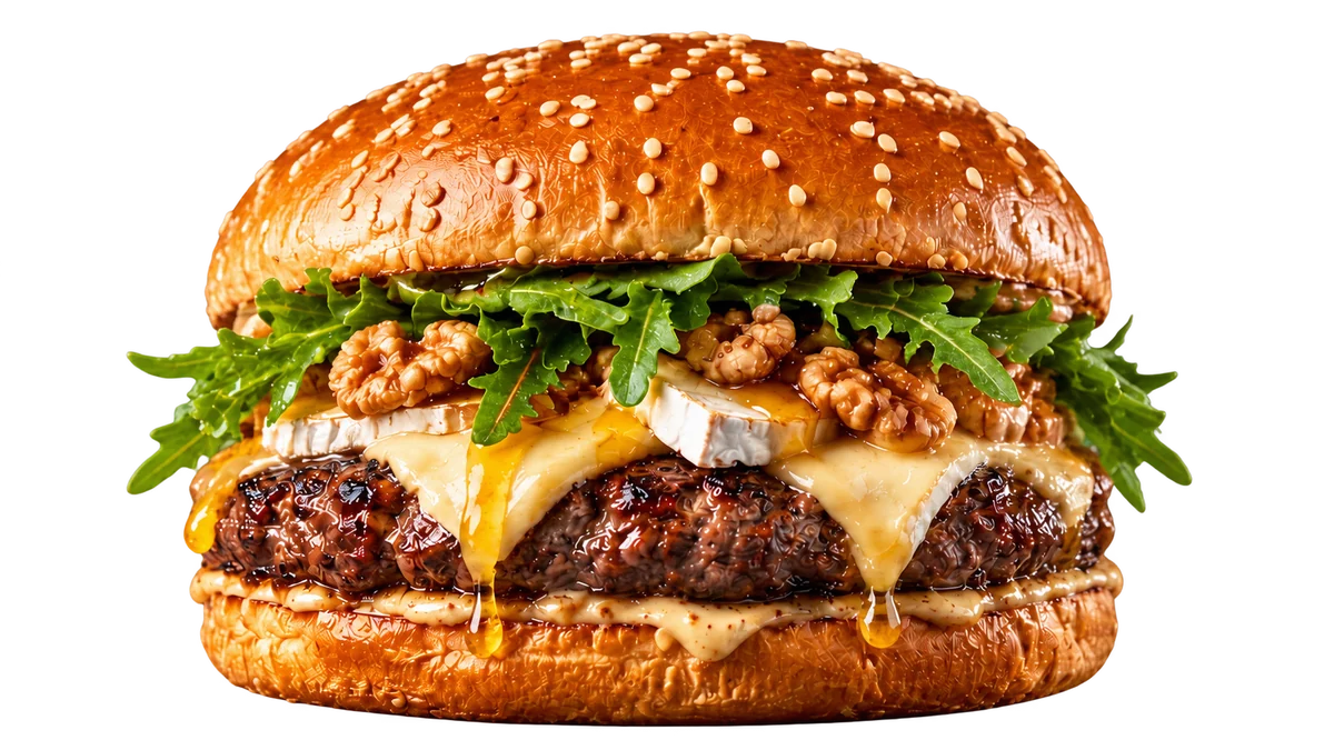 Burger au brie, au miel et à la roquette, photographie d’illustration
