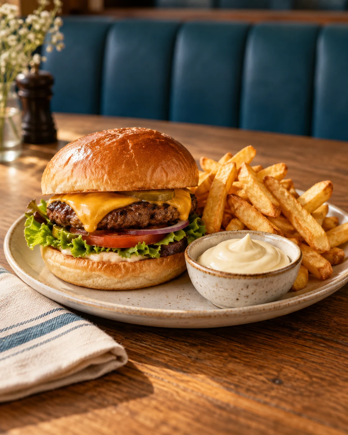 Un burger et des frites servis à table, photographie d’illustration